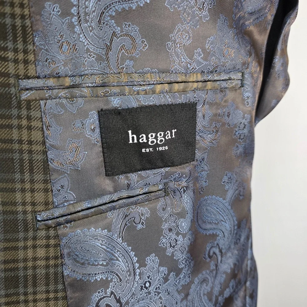 Haggar Men's Sport Coat Blazer Two Button Brown Checked‎ polyester LARGE